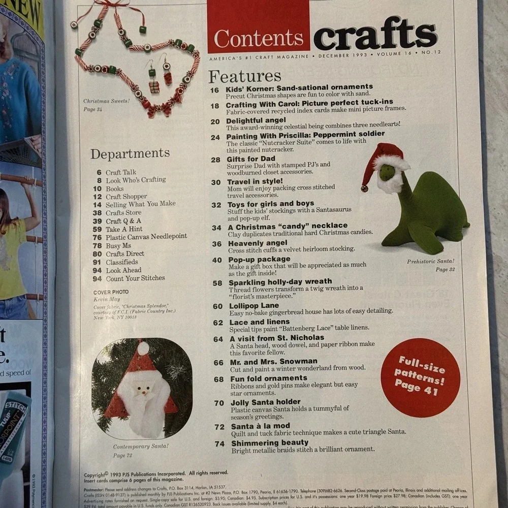 CRAFTS MAGAZINE DECEMBER 1993 CHRISTMAS ISSUE W/PULL-OUT FULL SIZE‎ PATTERNS